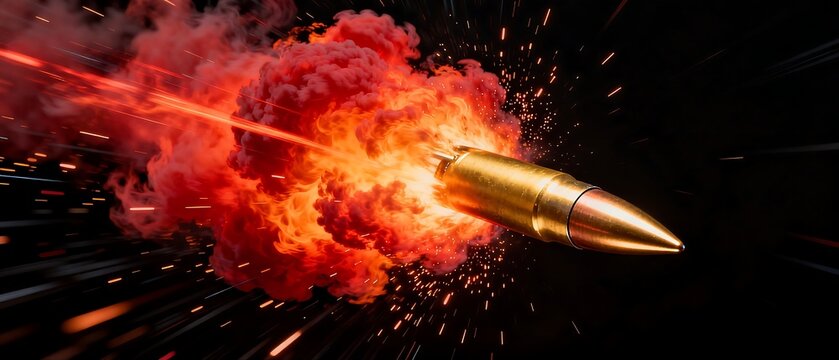 High Speed Flying Bullet with Muzzle Flash and Motion Blur