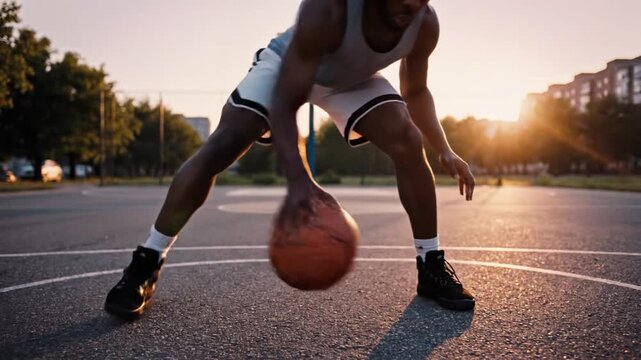 Man dribbling basketball on outdoor court at sunset, athletic lifestyle