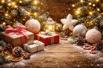 Naklejka premium Cozy holiday backdrop with fluffy Christmas ornaments, snow effects, and wrapped gifts on wooden tabletop with copy space