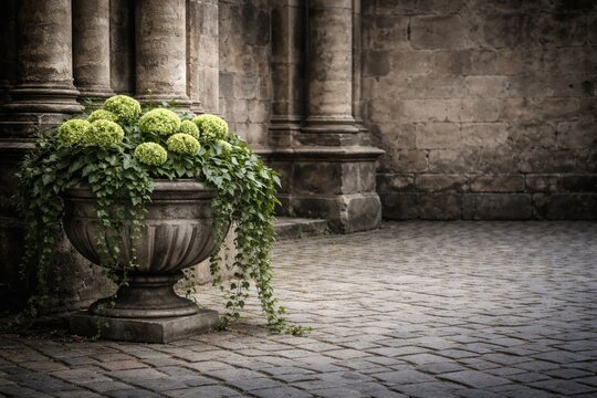 Grey cobblestone setting featuring a stone planter brimming with green fustian flowers and flowing ivy in front of an ancient columned wall with copy space