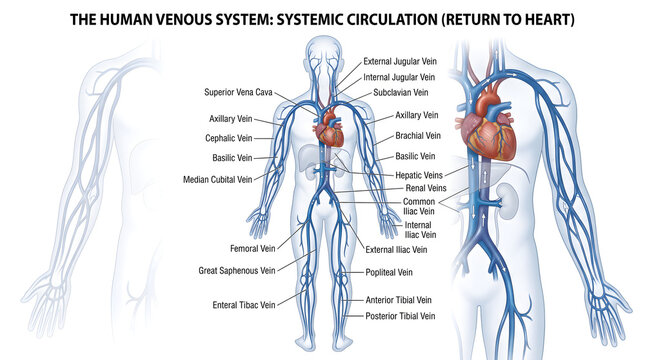 The human venous system systemic circulation diagram showing major superficial and deep veins from head to toe, including jugular, subclavian, vena cava, hepatic, renal and femoral veins, all returnin