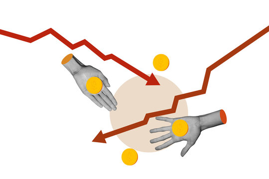 Composite photo collage of hand hold coin dollar recession currency inflation bankrupt arrow down statistics isolated on painted background