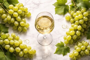 Naklejka premium Refined flat layout of white wine glass surrounded by grape clusters and green leaves on a smooth white marble background