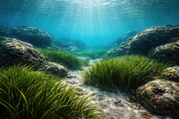 Obraz premium Seagrass and stone formations on sea floor under bright natural light