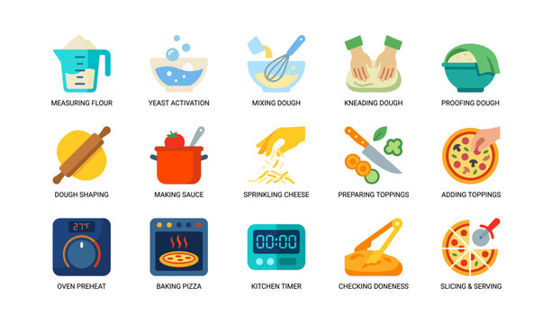 Pizza preparation icon set showing dough and baking steps