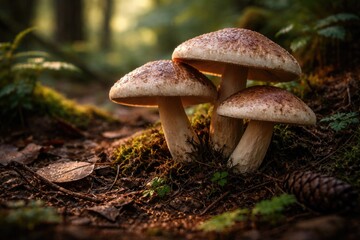 Fototapeta premium Group of three mushrooms pushing up from woodland floor