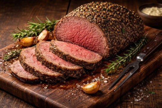 Sliced herb crusted round beef eye roast on wooden cutting board copy space