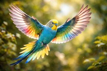 Fototapeta premium Budgerigar pet displaying bright blue and rainbow feathers mid flight