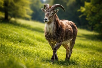 Obraz premium Happy Nilgiri Thar pet wandering freely on vibrant green summer grass full length view
