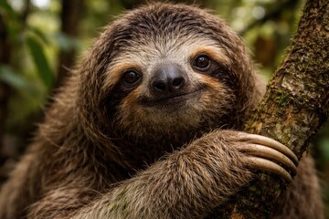 Fototapeta premium Macro shot of a Brown throated three toed sloth with textured fur in natural habitat