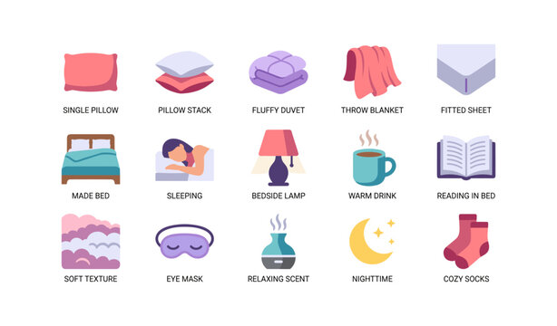 Bedroom and sleep icons illustrating bedding, rest, and night routine