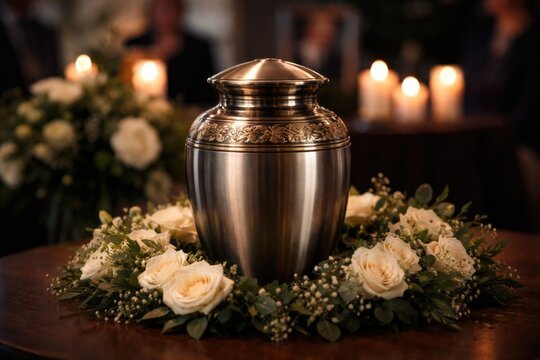 Metal urn with ashes displayed on a table at a heartfelt remembrance gathering