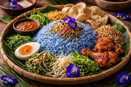 Malay rice meal nasi kerabu colored with natural butterfly pea