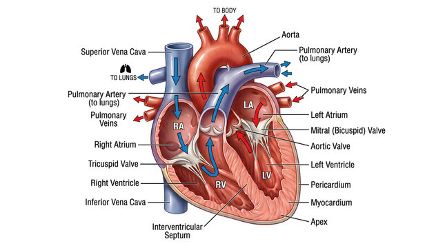 Labeled anatomical cross‑section of the human heart showing four chambers, major valves, inflow and outflow pathways through venae cavae, pulmonary arteries, pulmonary veins and aorta, with arrows tra