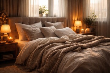 Fototapeta premium peaceful sleep space with a comfy bed and cozy blanket arrangement