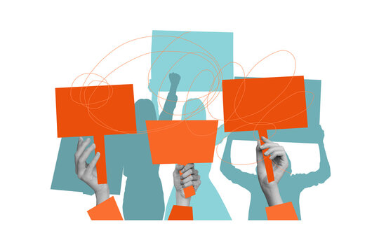 Exclusive art 3d creative image collage of anonym girls hold picket feminism demonstration concept strike power fist gesture