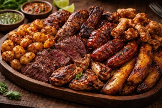 Mixed grilled meats and Creole potatoes served with ripe plantains and chicharron