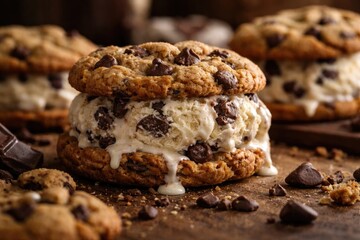 Fototapeta premium Shallow depth capture of freshly baked cookies with rich chocolate chip ice cream