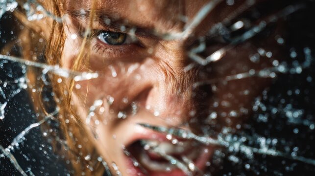 Intense human emotion captured through shattered glass with a focused angry face expressing strong feelings of frustration and determination through broken reflectio