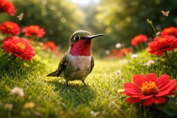 Fototapeta premium Playful hummingbird pet explores full length view of green lawn with red flowers on a warm summer day