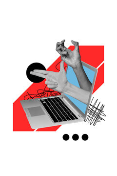 Vertical collage digital device computer laptop keyboard hands cyber bully offense insult abuse harassment gesture shooting