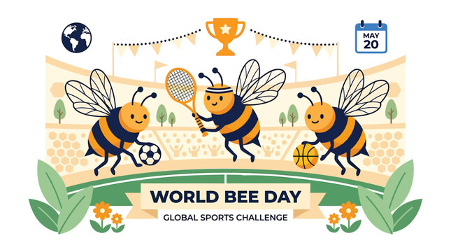 World Bee Day, bee sports icons, global challenge, vector illustrations