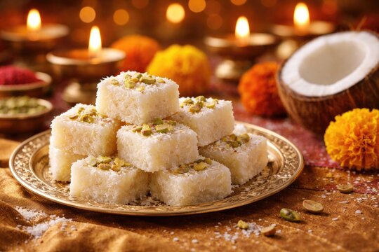 Authentic Indian festival coconut barfi treat featuring copyspace