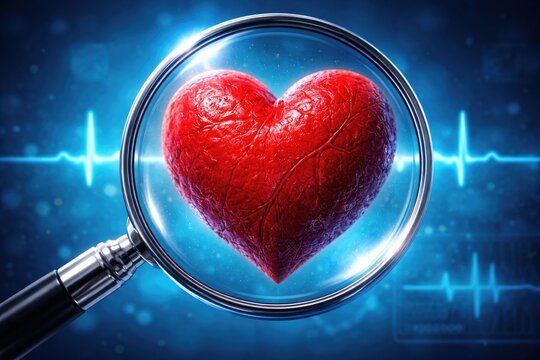Red textured heart under magnification on an intense blue backdrop illustrating heart health vigilance