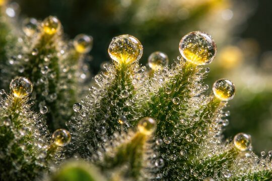Macro shot of cannabis trichomes covered in glistening dew showing vibrant yellow points and strain uniqueness