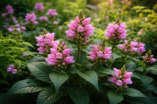 Pink Turtlehead Chelone lyonii adding lively color to garden foliage