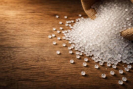 Petrochemical derived polymer resin pellets on textured wood background with copy space