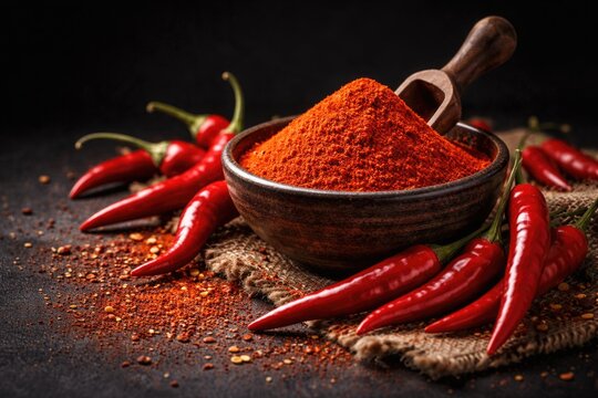 Red chili peppers and spicy mirch powder displayed in a bowl with deep black background