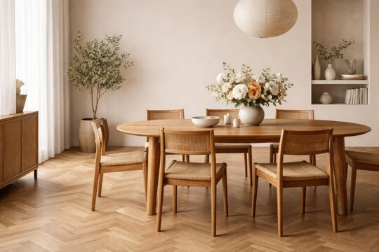 Modern dining room featuring wooden chairs and table with rattan and flower decor on parquet flooring with copy space