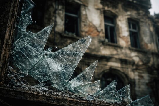 Textured shattered glass fragments on an old crumbling edifice backdrop