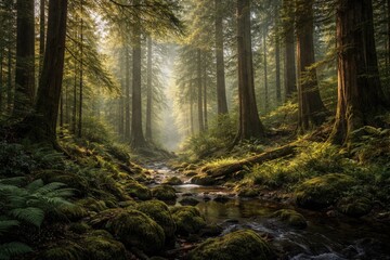 Fototapeta premium Majestic woodland vista filled with towering trees and dense greenery