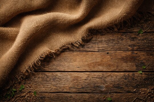 Rustic wood background showcasing natural sack cloth texture for eco conscious designs