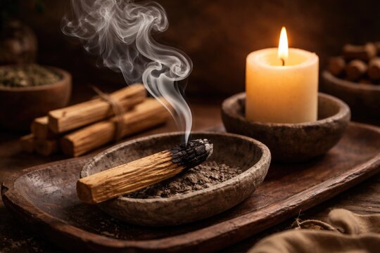 Fragrant smoke rising from palo santo stick adjacent to candle amid organic serveware