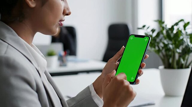 Woman holds smartphone with green screen in office environment