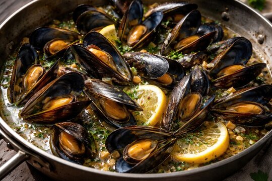 Savory blue mussels simmered in aromatic white wine sauce