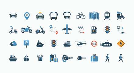 Naklejka premium A comprehensive set of transportation and travel icons, including various vehicles, navigation tools, and related infrastructure elements.