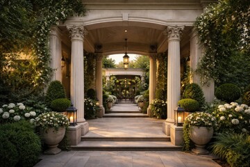 Fototapeta premium Refined patio entrance with majestic columns and abundant greenery designed for promotional text area