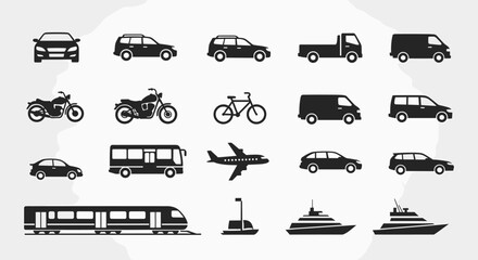 A comprehensive collection of diverse transportation icons, showcasing various vehicles for land, air, and sea travel. © Liakum