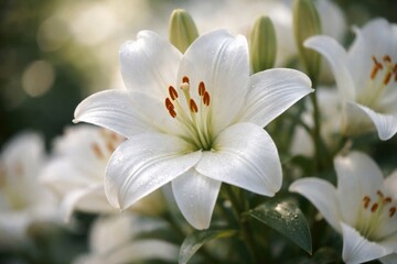 Fototapeta premium White lily flowers close up with smooth bokeh background