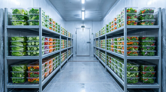 Rows of fresh pre-packaged produce and healthy salads stored in a well-lit commercial cold storage facility