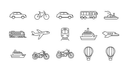 A collection of various transportation vehicles and modes of travel depicted as simple line art icons on a white background. © Liakum