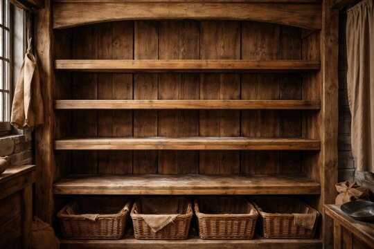 Unstocked rustic bread shelf with visible grain texture
