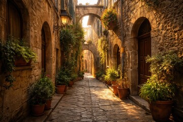 Obraz premium Sunlit old town with narrow alleyways