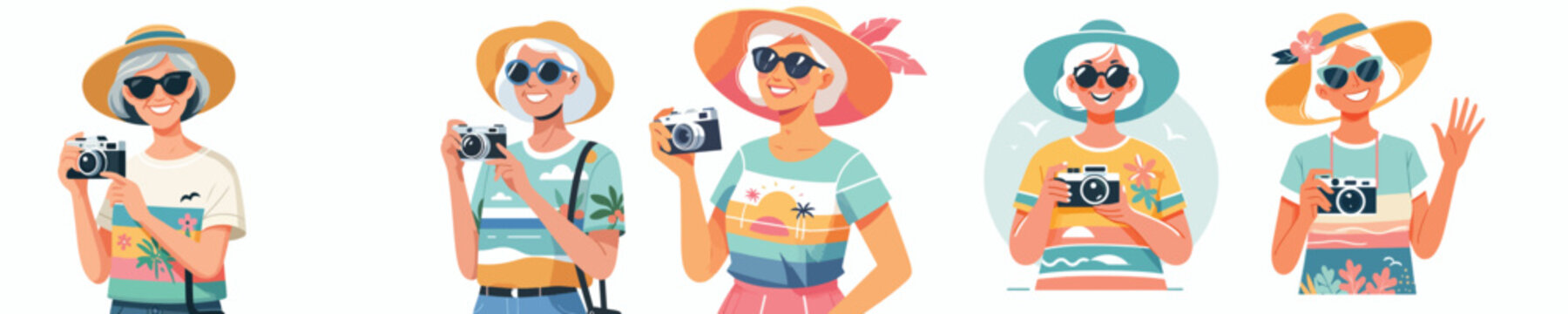 half body vector happy grandma holding camera in summer costume