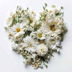 Obraz premium A heart shape formed with various white flowers lies on a plain white background. Each flower adds to the overall shape, showing different sizes and types