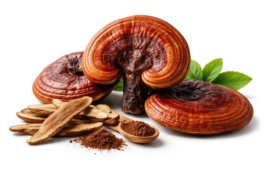 White background displaying Ganoderma Lucidum medicinal fungi